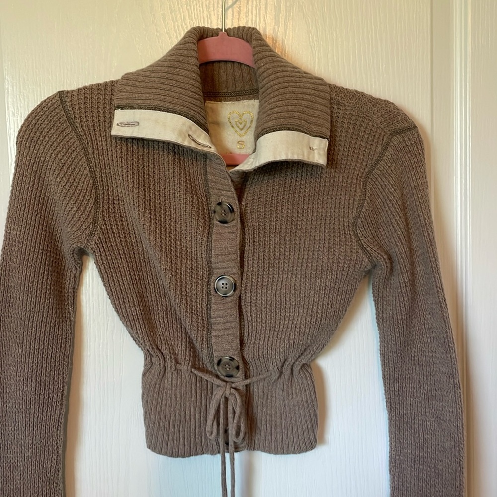 Vintage soft waffle knit button down sweater with tie at waist